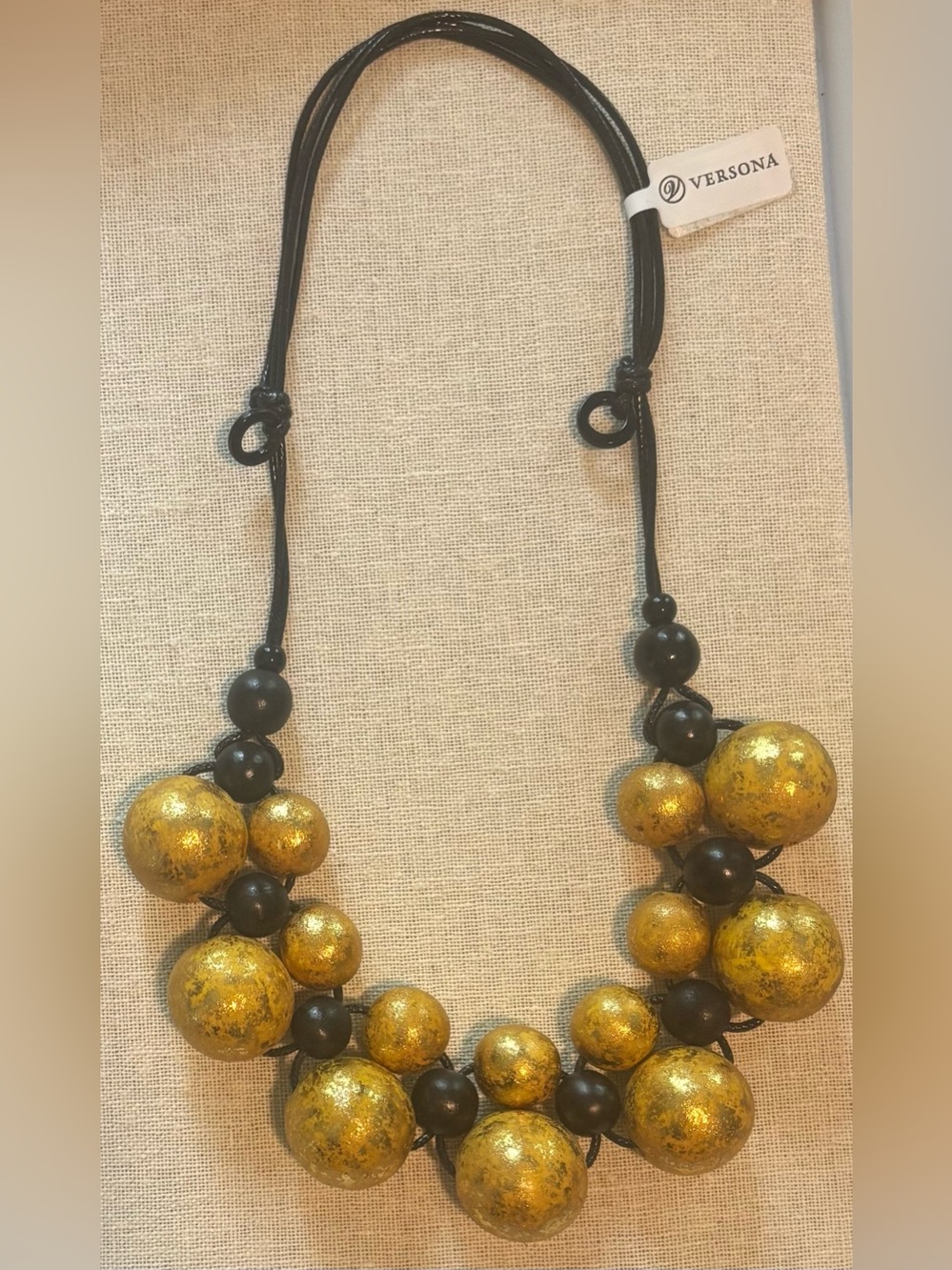NWT Versona Adjustable Black & Gold Chunky Beaded Statement Necklace